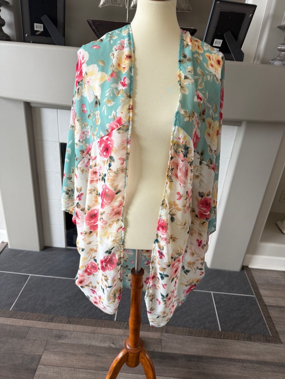 Floral Watercolor Kimono Cardigan - Aqua & Cream